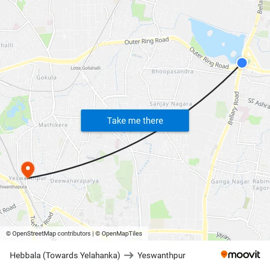 Hebbala (Towards Yelahanka) to Yeswanthpur map