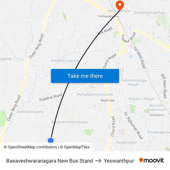 Basaveshwaranagara New Bus Stand to Yeswanthpur map