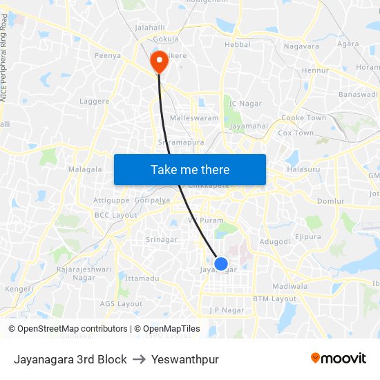 Jayanagara 3rd Block to Yeswanthpur map