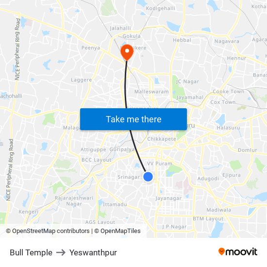 Bull Temple to Yeswanthpur map