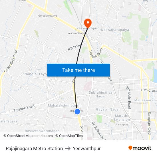 Rajajinagara Metro Station to Yeswanthpur map