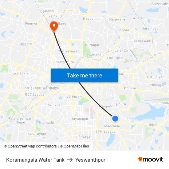 Koramangala Water Tank to Yeswanthpur map