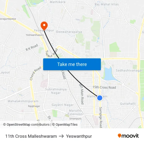 11th Cross Malleshwaram to Yeswanthpur map