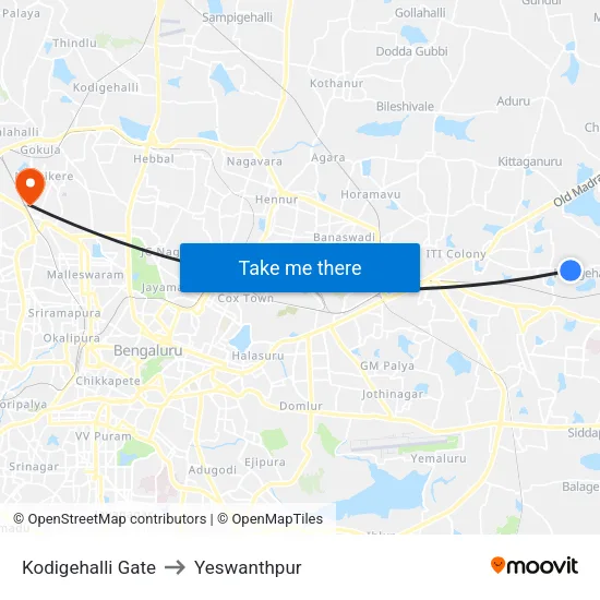 Kodigehalli Gate to Yeswanthpur map