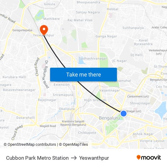 Cubbon Park Metro Station to Yeswanthpur map