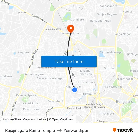 Rajajinagara Rama Temple to Yeswanthpur map