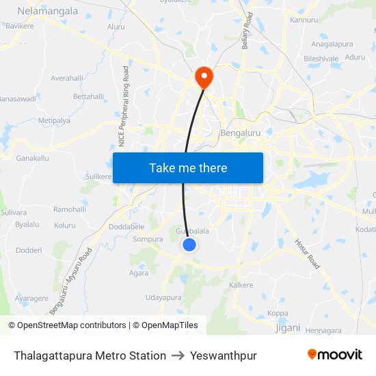 Thalagattapura Metro Station to Yeswanthpur map