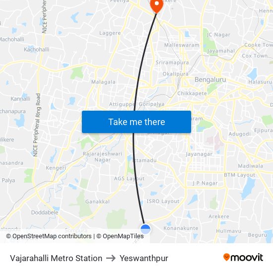 Vajarahalli Metro Station to Yeswanthpur map