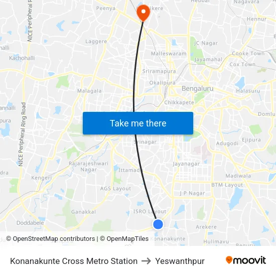 Konanakunte Cross Metro Station to Yeswanthpur map