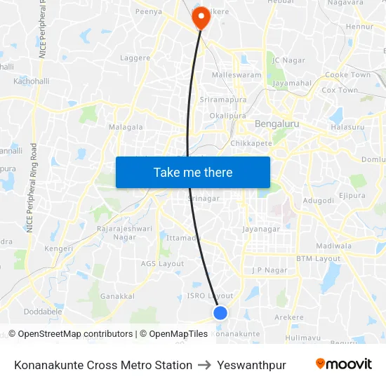 Konanakunte Cross Metro Station to Yeswanthpur map