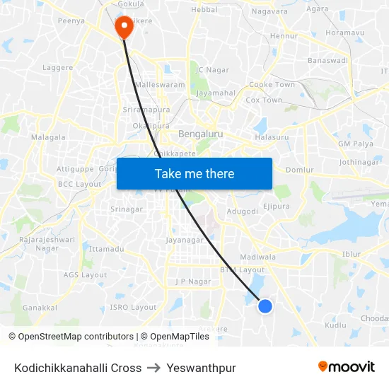 Kodichikkanahalli Cross to Yeswanthpur map