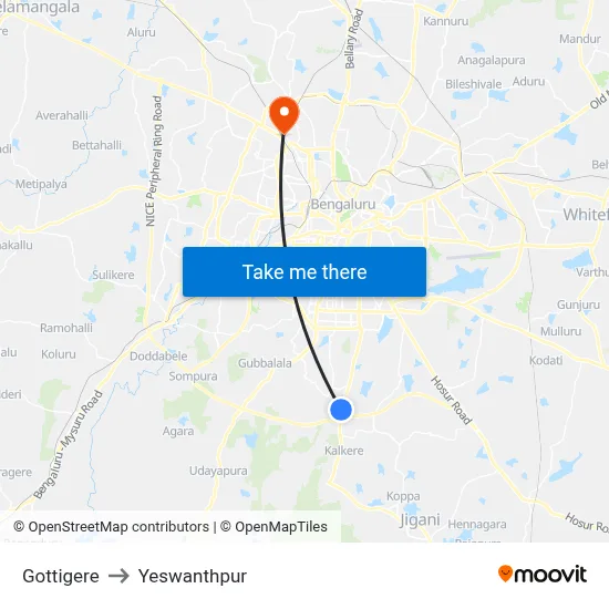 Gottigere to Yeswanthpur map