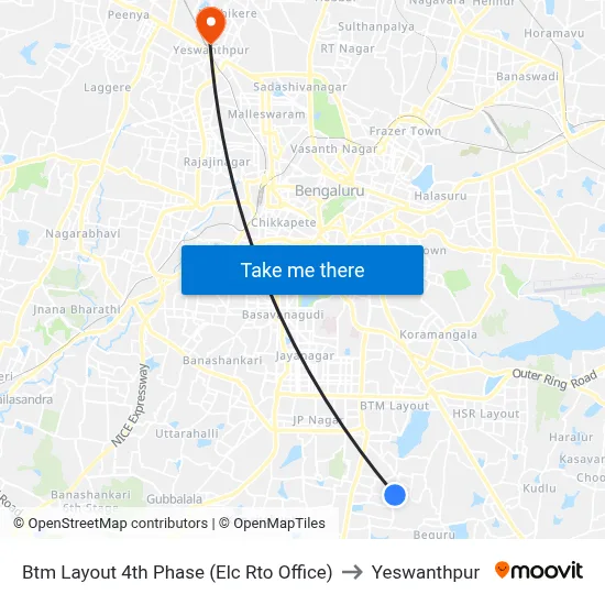 Btm Layout 4th Phase (Elc Rto Office) to Yeswanthpur map
