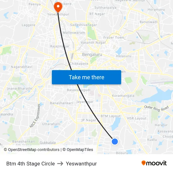 Btm 4th Stage Circle to Yeswanthpur map