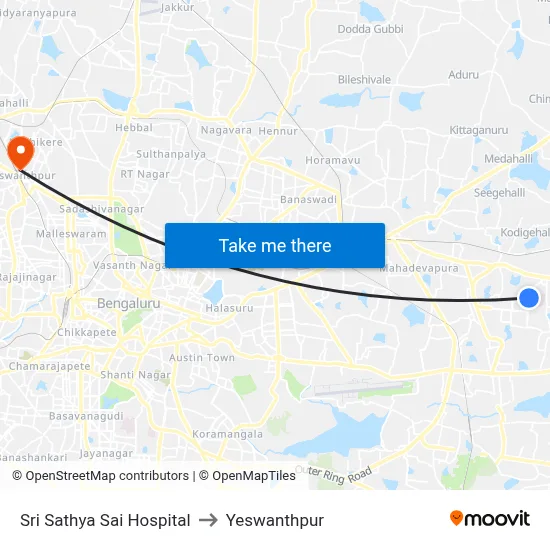 Sri Sathya Sai Hospital to Yeswanthpur map