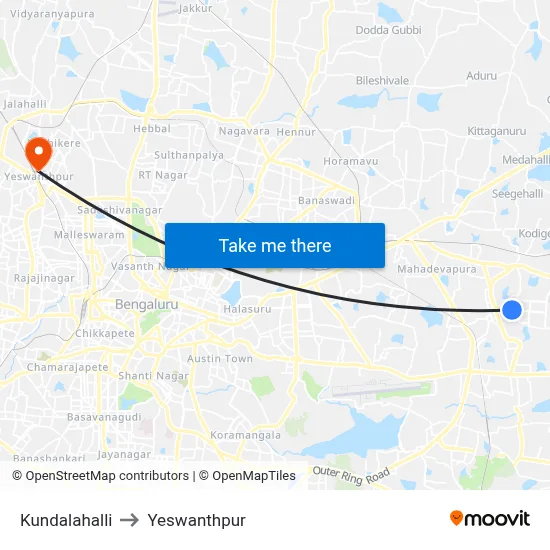 Kundalahalli to Yeswanthpur map
