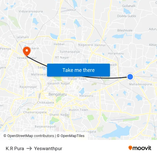 K.R Pura to Yeswanthpur map