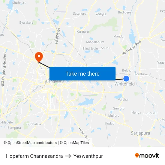 Hopefarm Channasandra to Yeswanthpur map