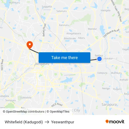 Whitefield (Kadugodi) to Yeswanthpur map