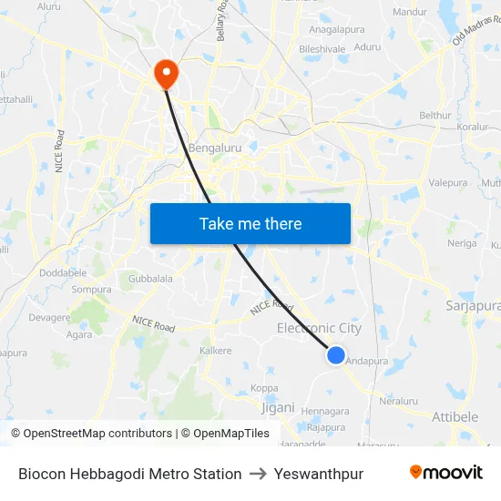 Biocon Hebbagodi Metro Station to Yeswanthpur map