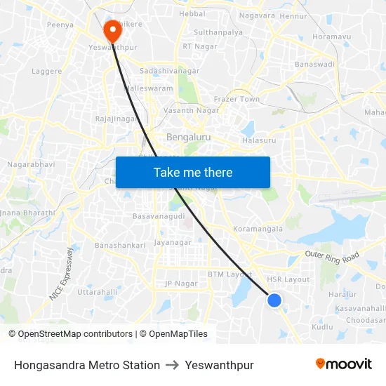 Hongasandra Metro Station to Yeswanthpur map