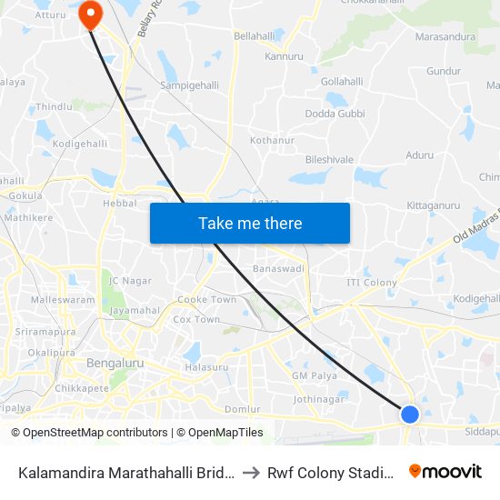 Kalamandira  Marathahalli Bridge to Rwf Colony Stadium map