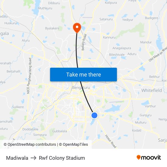 Madiwala to Rwf Colony Stadium map