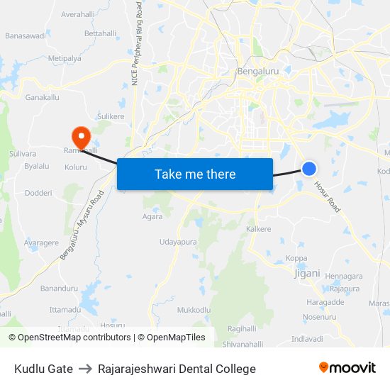 Kudlu Gate to Rajarajeshwari Dental College map