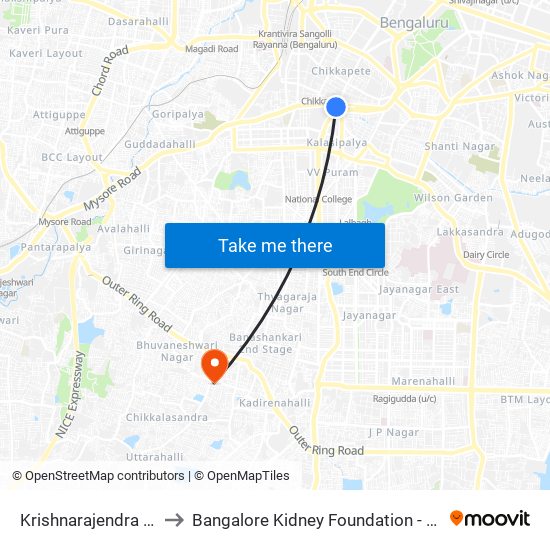 Krishnarajendra Market to Bangalore Kidney Foundation - Nu Hospital map