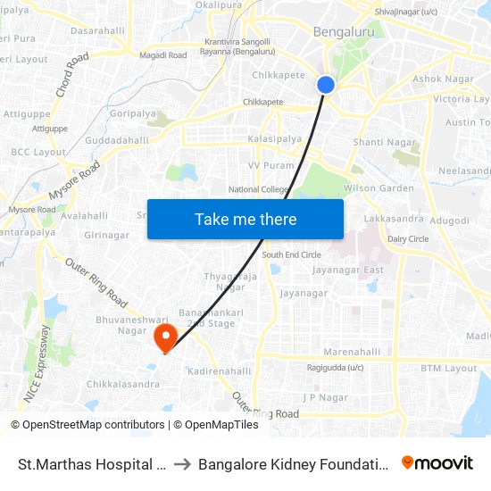 St.Marthas Hospital Corporation to Bangalore Kidney Foundation - Nu Hospital map