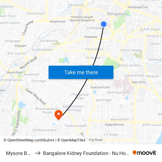 Mysore Bank to Bangalore Kidney Foundation - Nu Hospital map