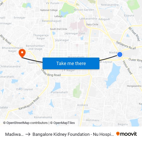 Madiwala to Bangalore Kidney Foundation - Nu Hospital map