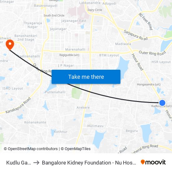Kudlu Gate to Bangalore Kidney Foundation - Nu Hospital map