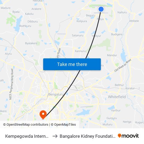 Kempegowda International Airport to Bangalore Kidney Foundation - Nu Hospital map