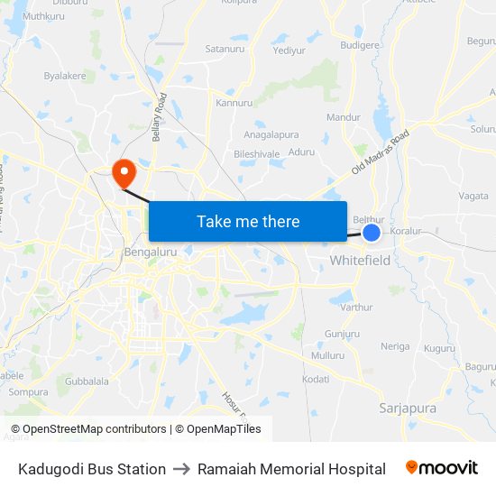 Kadugodi Bus Station to Ramaiah Memorial Hospital map