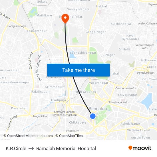 K.R.Circle to Ramaiah Memorial Hospital map