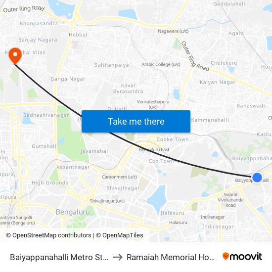 Baiyappanahalli Metro Station to Ramaiah Memorial Hospital map