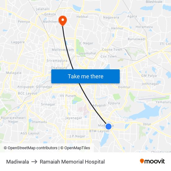 Madiwala to Ramaiah Memorial Hospital map