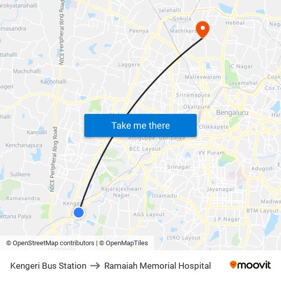 Kengeri Bus Station to Ramaiah Memorial Hospital map