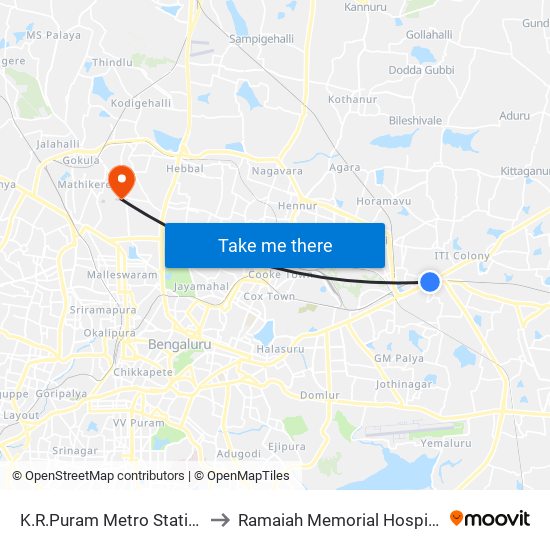 K.R.Puram Metro Station to Ramaiah Memorial Hospital map