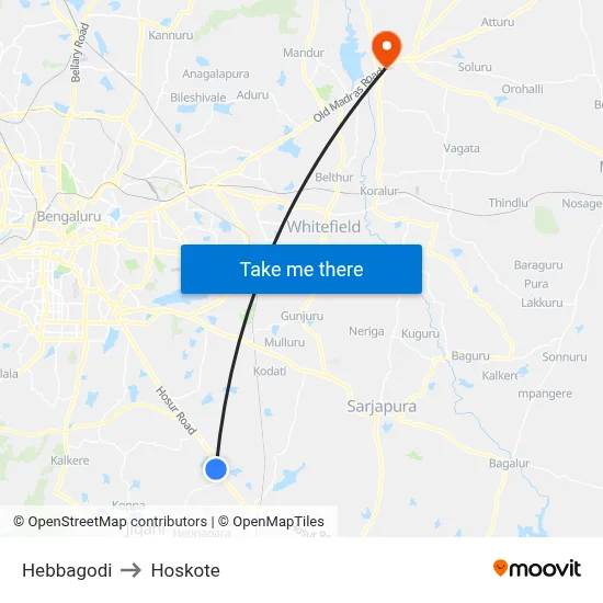 Hebbagodi to Hoskote map