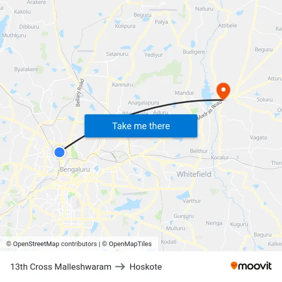 13th Cross Malleshwaram to Hoskote map