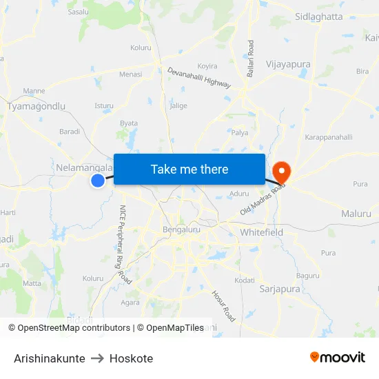 Arishinakunte to Hoskote map