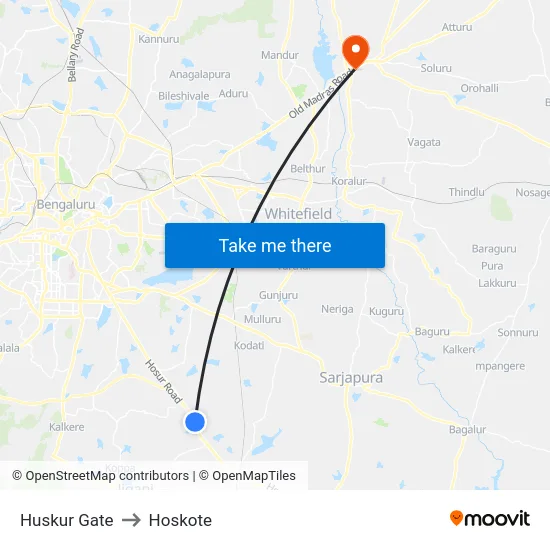 Huskur Gate to Hoskote map