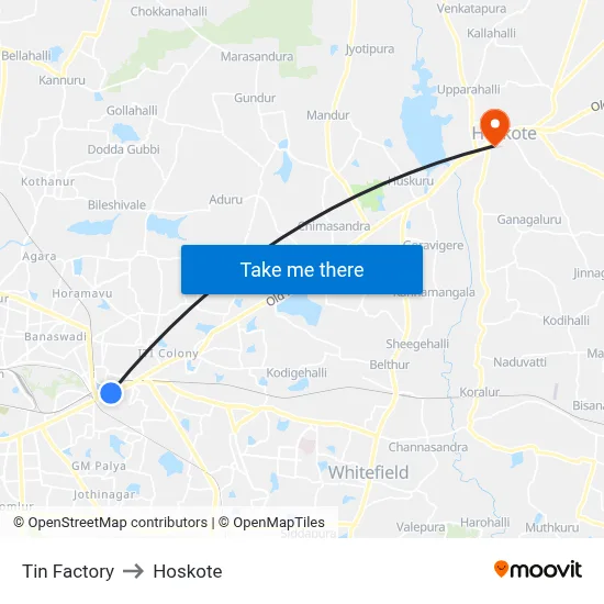 Tin Factory to Hoskote map
