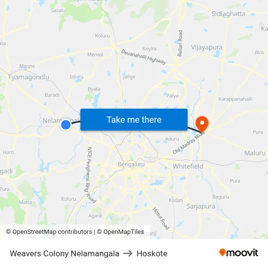 Weavers Colony Nelamangala to Hoskote map