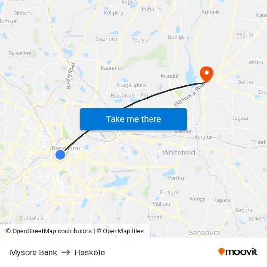 Mysore Bank to Hoskote map