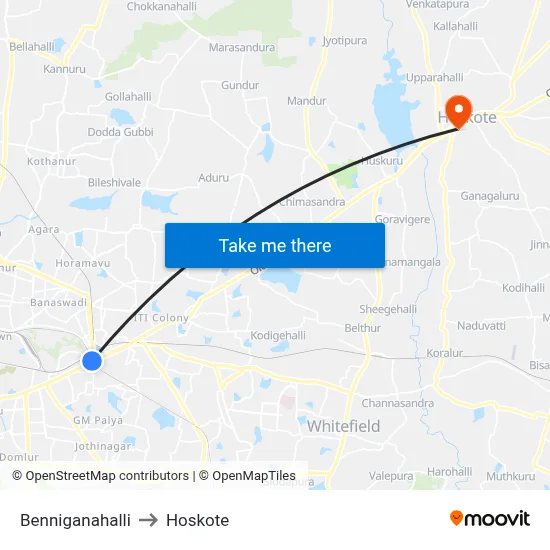 Benniganahalli to Hoskote map