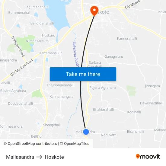 Mallasandra to Hoskote map