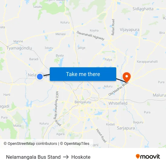 Nelamangala Bus Stand to Hoskote map
